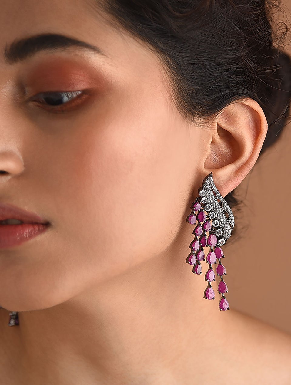 Women Pink Silver Tone Victorian Earrings