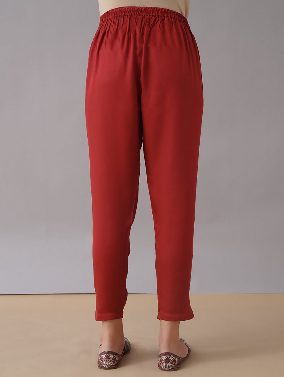 Red Elasticated Waist Modal Pants - XS