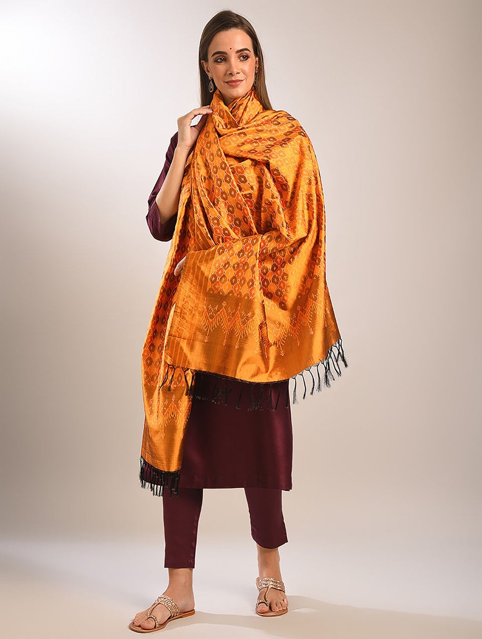 Women Yellow Handloom Ikat Silk Dupatta