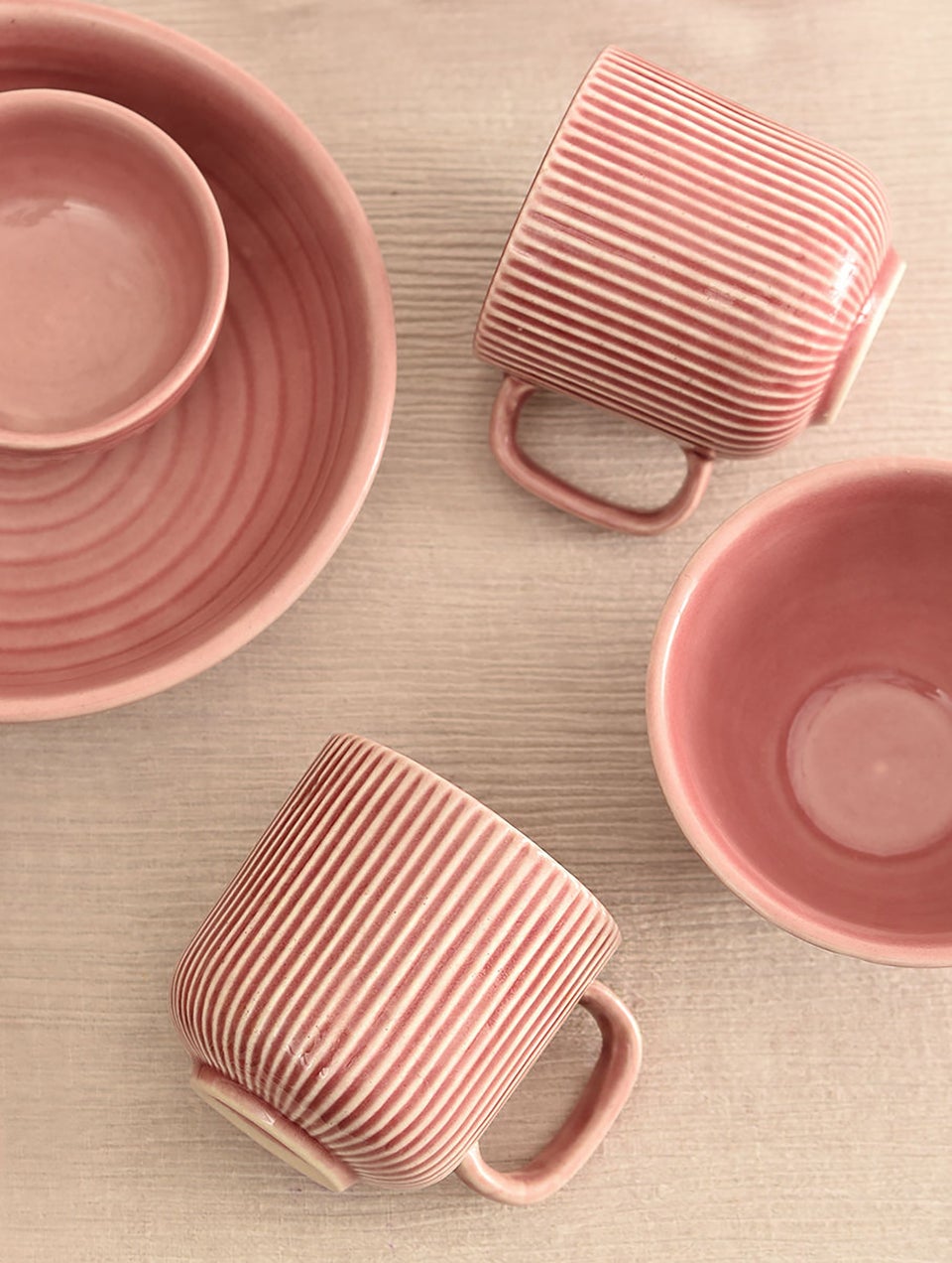 Pink Ceramic Ribbed Mugs