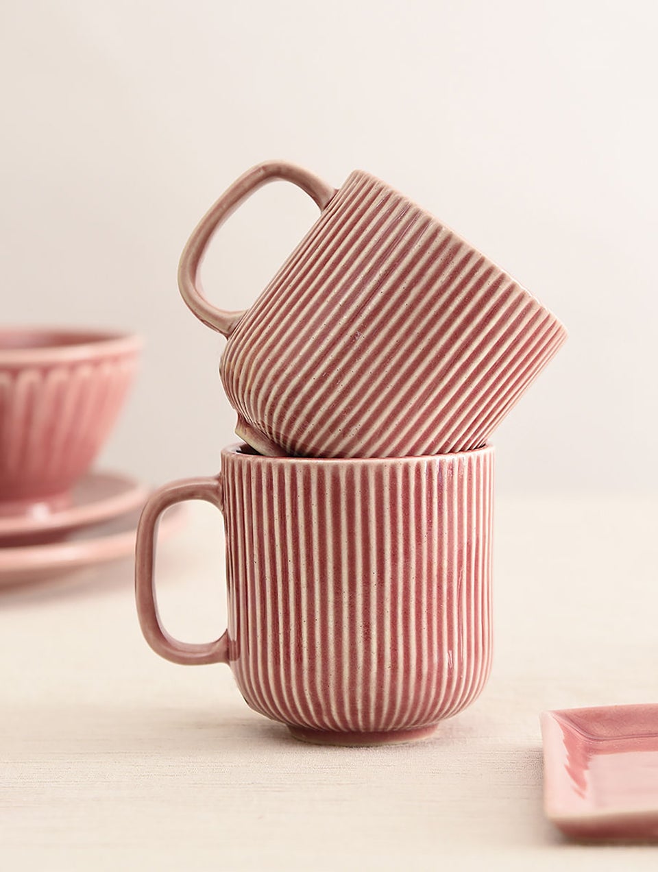 Pink Ceramic Ribbed Mugs