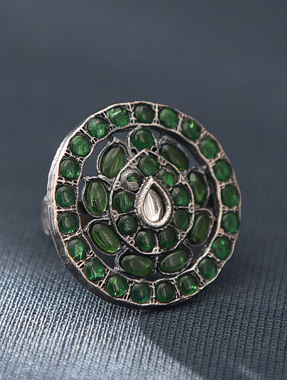 Women Green Kempstone Encrusted Silver Adjustable Ring