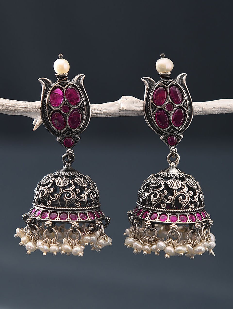 Women Red Kempstone Encrusted Silver Earrings With Pearls