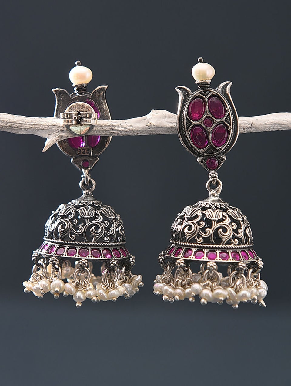 Women Red Kempstone Encrusted Silver Earrings With Pearls