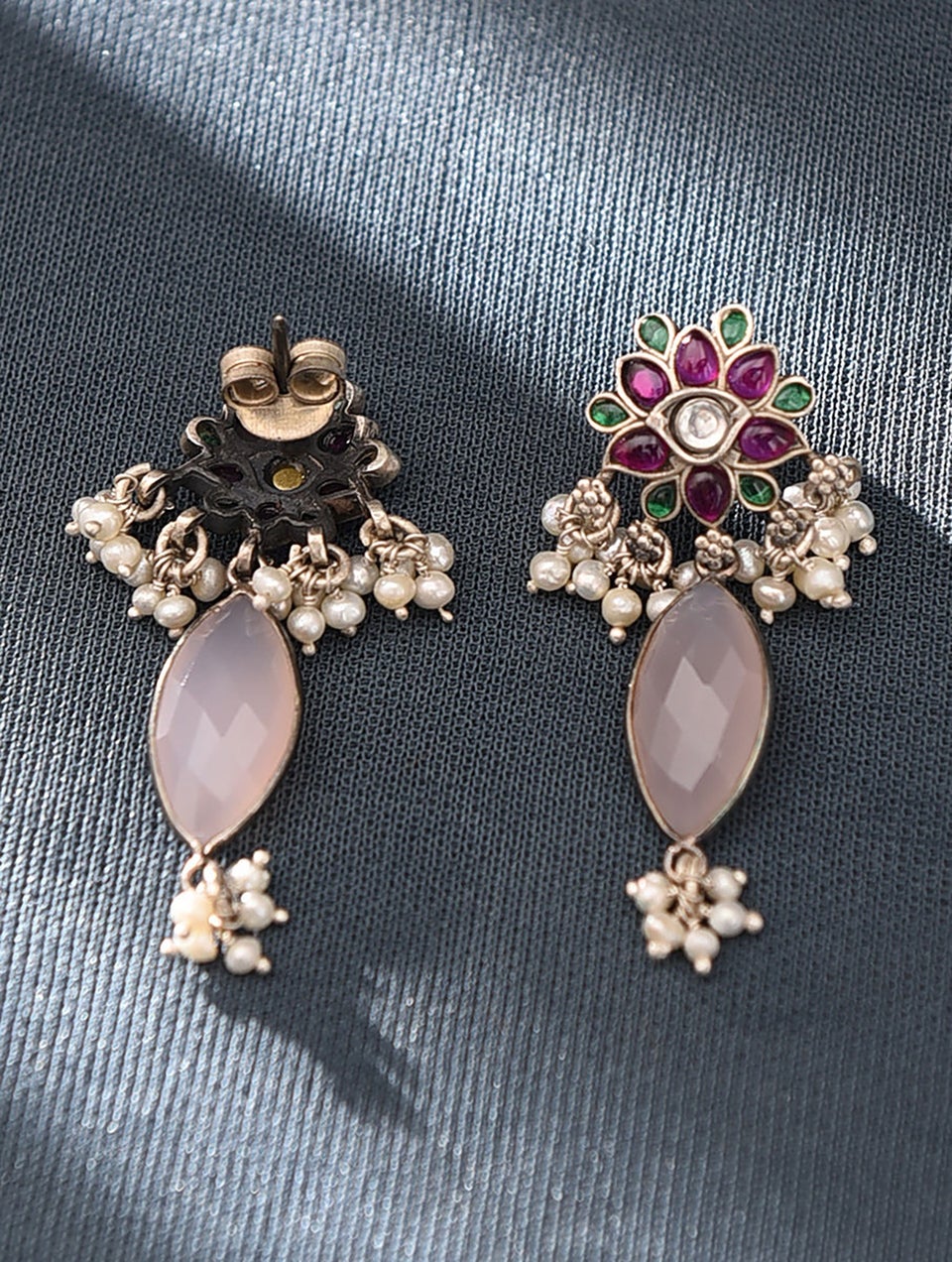 Women Pink Green Kempstone Encrusted Silver Earrings With Pearls