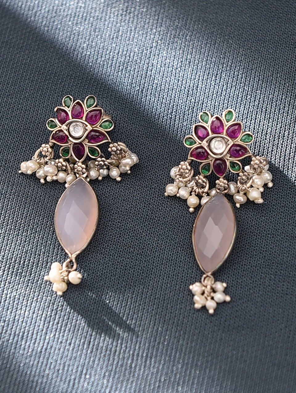 Women Pink Green Kempstone Encrusted Silver Earrings With Pearls