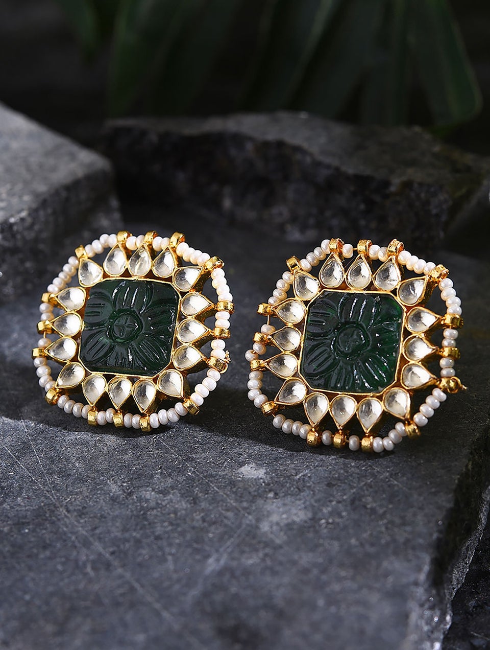 Women Green Gold Tone Foiled Kundan Earrings