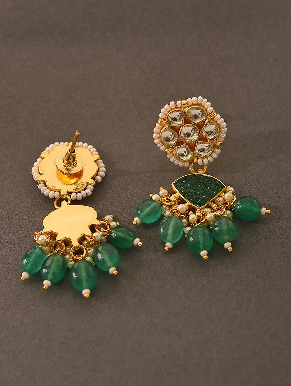 Women Green Gold Tone Foiled Kundan Earrings With Pearls