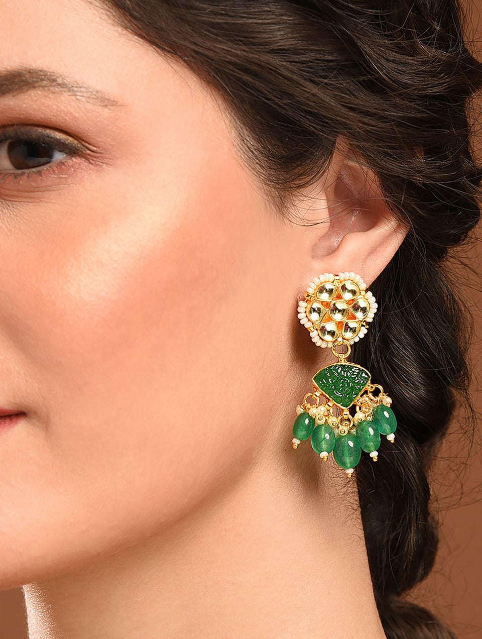 Women Green Gold Tone Foiled Kundan Earrings With Pearls