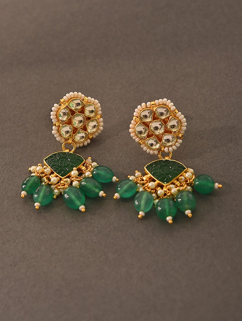Women Green Gold Tone Foiled Kundan Earrings With Pearls