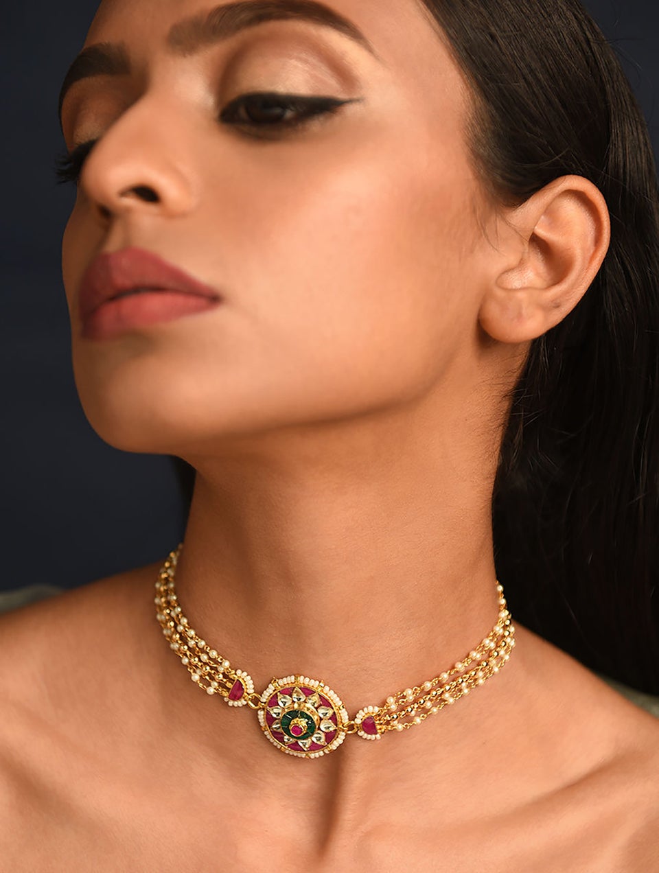 Women Pink Gold Tone Foiled Kundan Choker Necklace