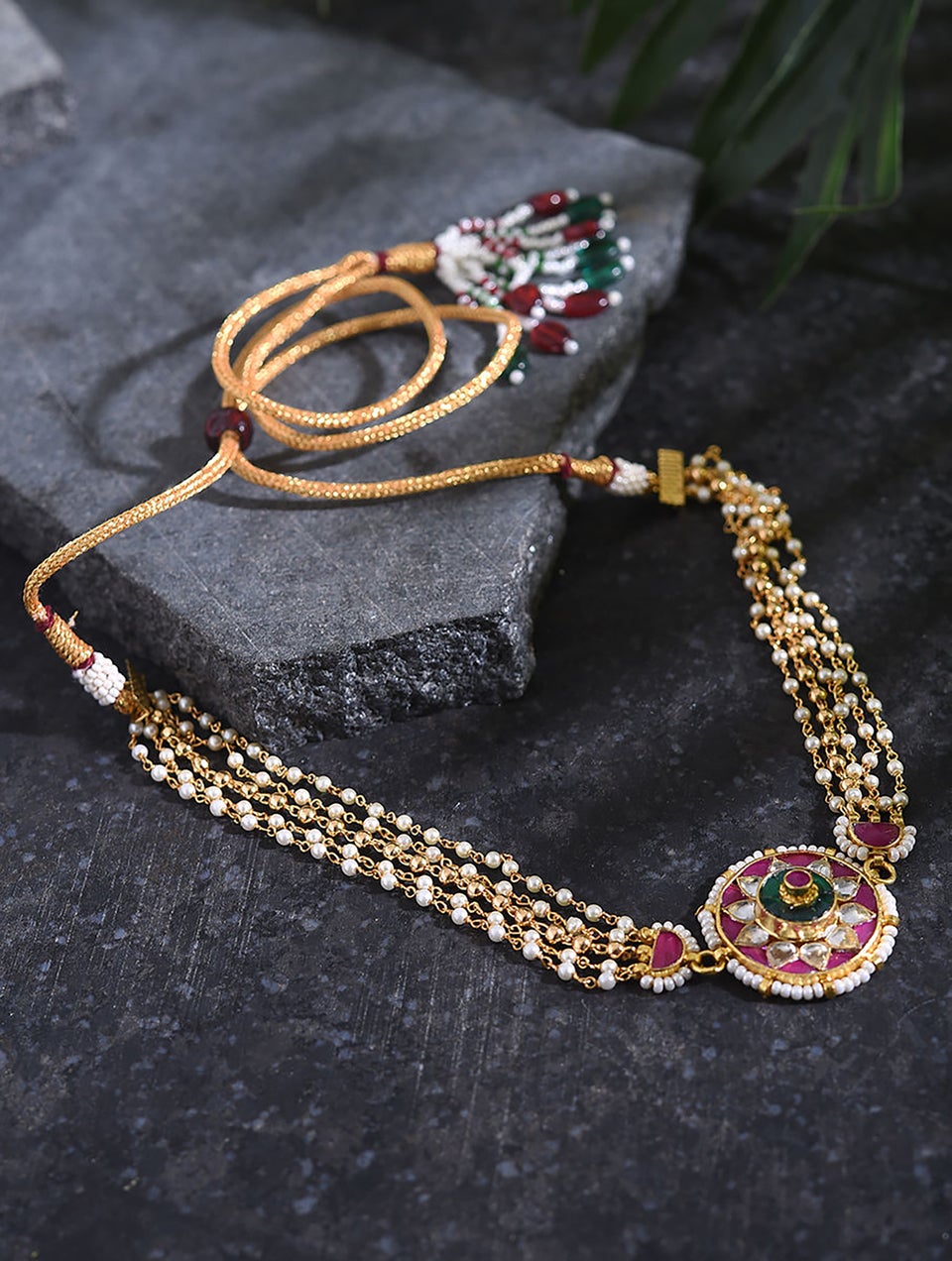 Women Pink Gold Tone Foiled Kundan Choker Necklace