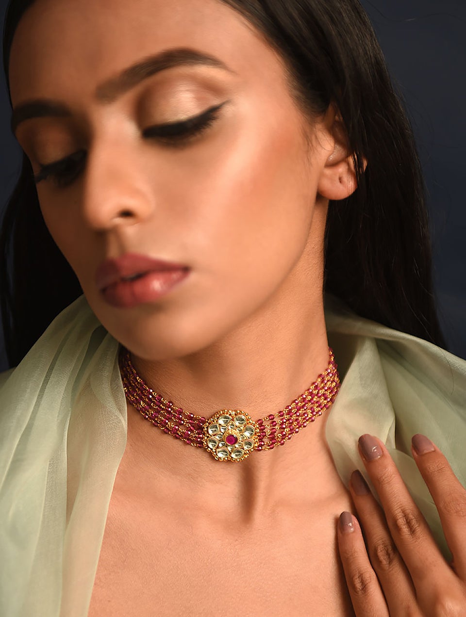 Women Red Gold Tone Foiled Kundan Choker Necklace