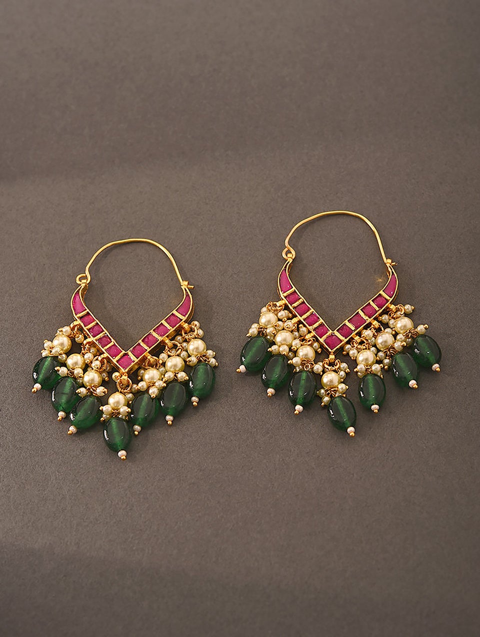 Women Pink Green Gold Tone Foiled Kundan Earrings With Pearls