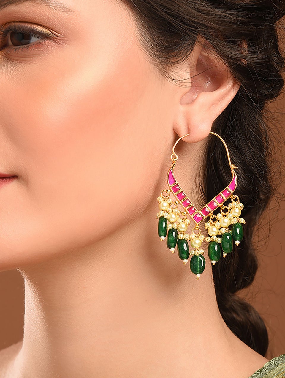 Women Pink Green Gold Tone Foiled Kundan Earrings With Pearls