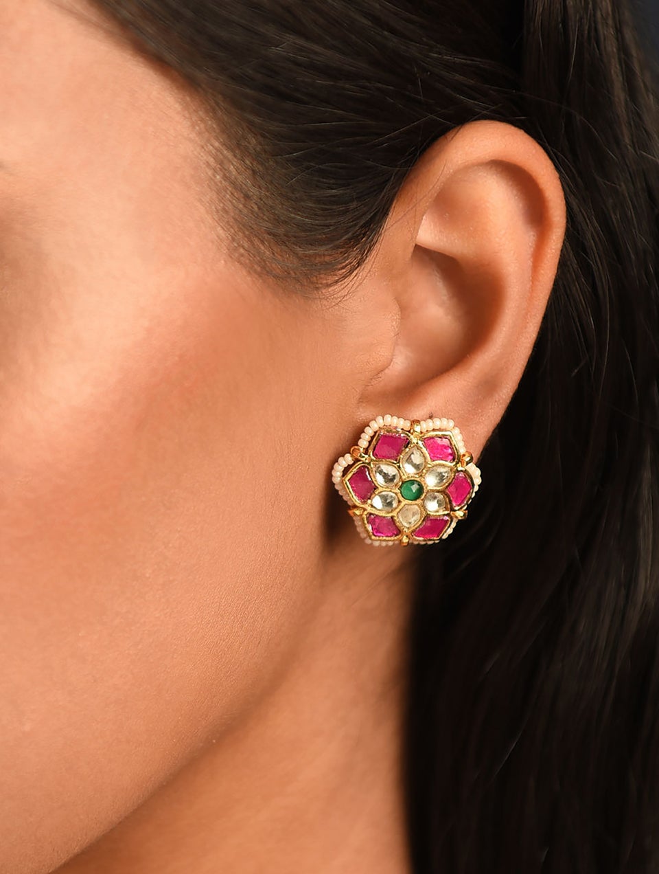 Women Pink Green Gold Tone Foiled Kundan Earrings
