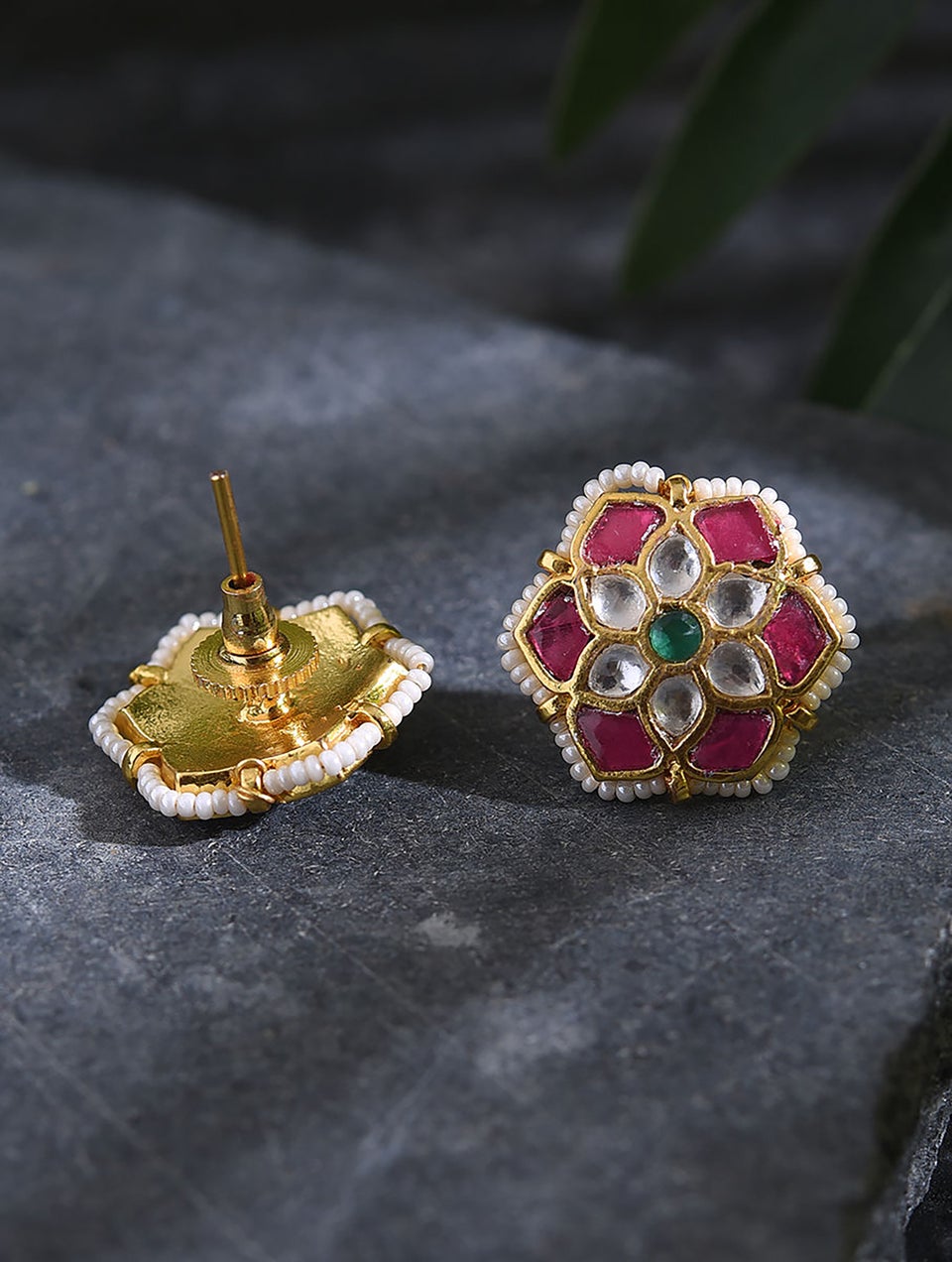 Women Pink Green Gold Tone Foiled Kundan Earrings