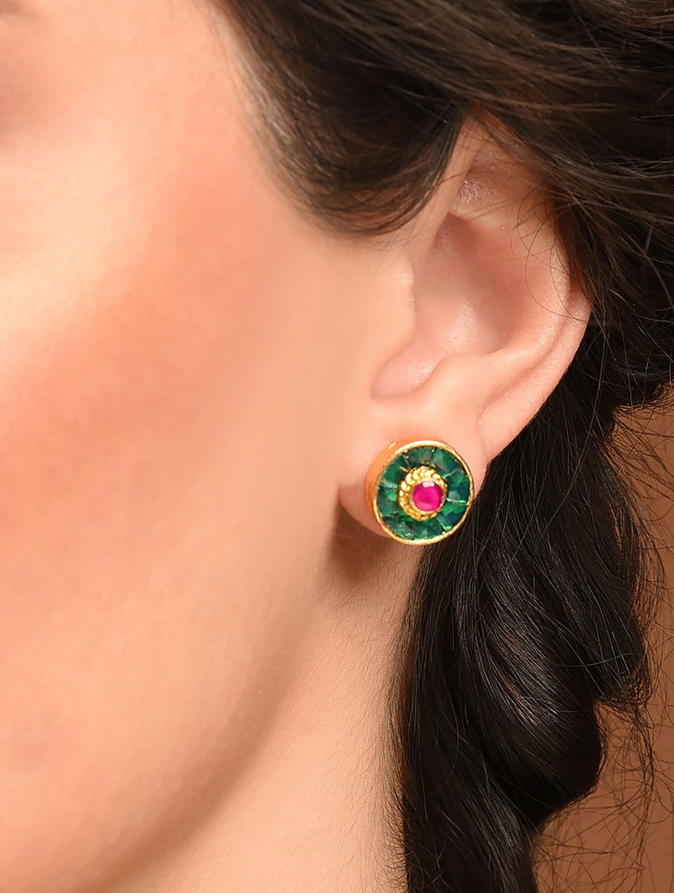 Pink Green Gold Tone Foiled Kundan Earrings