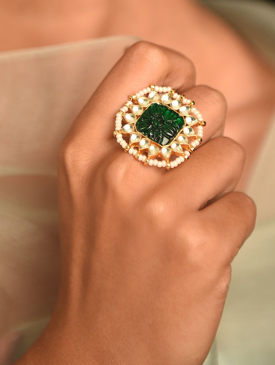 Women Green Gold Tone Foiled Kundan Ring