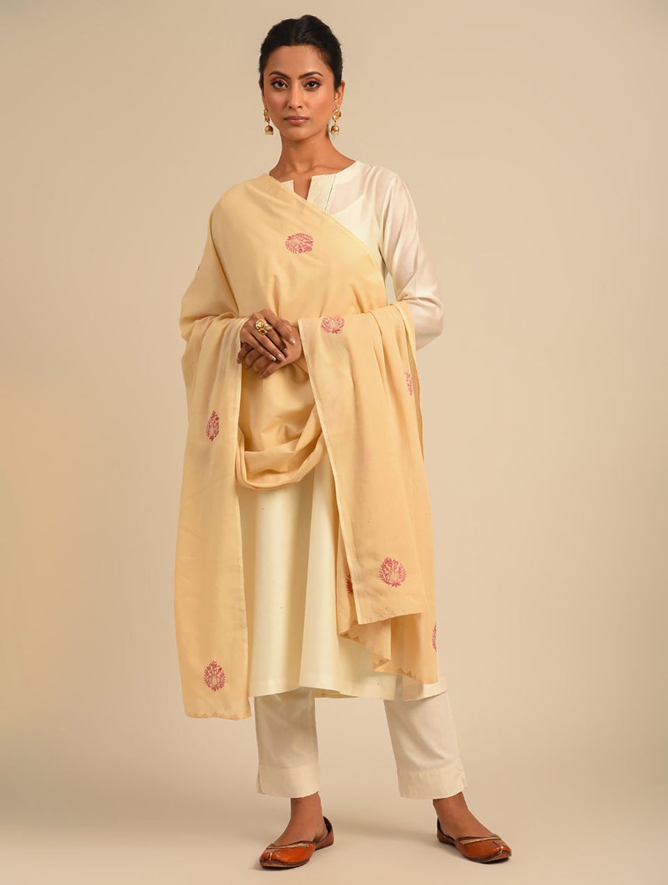 Women Beige Brown Cotton Chikankari Dupatta
