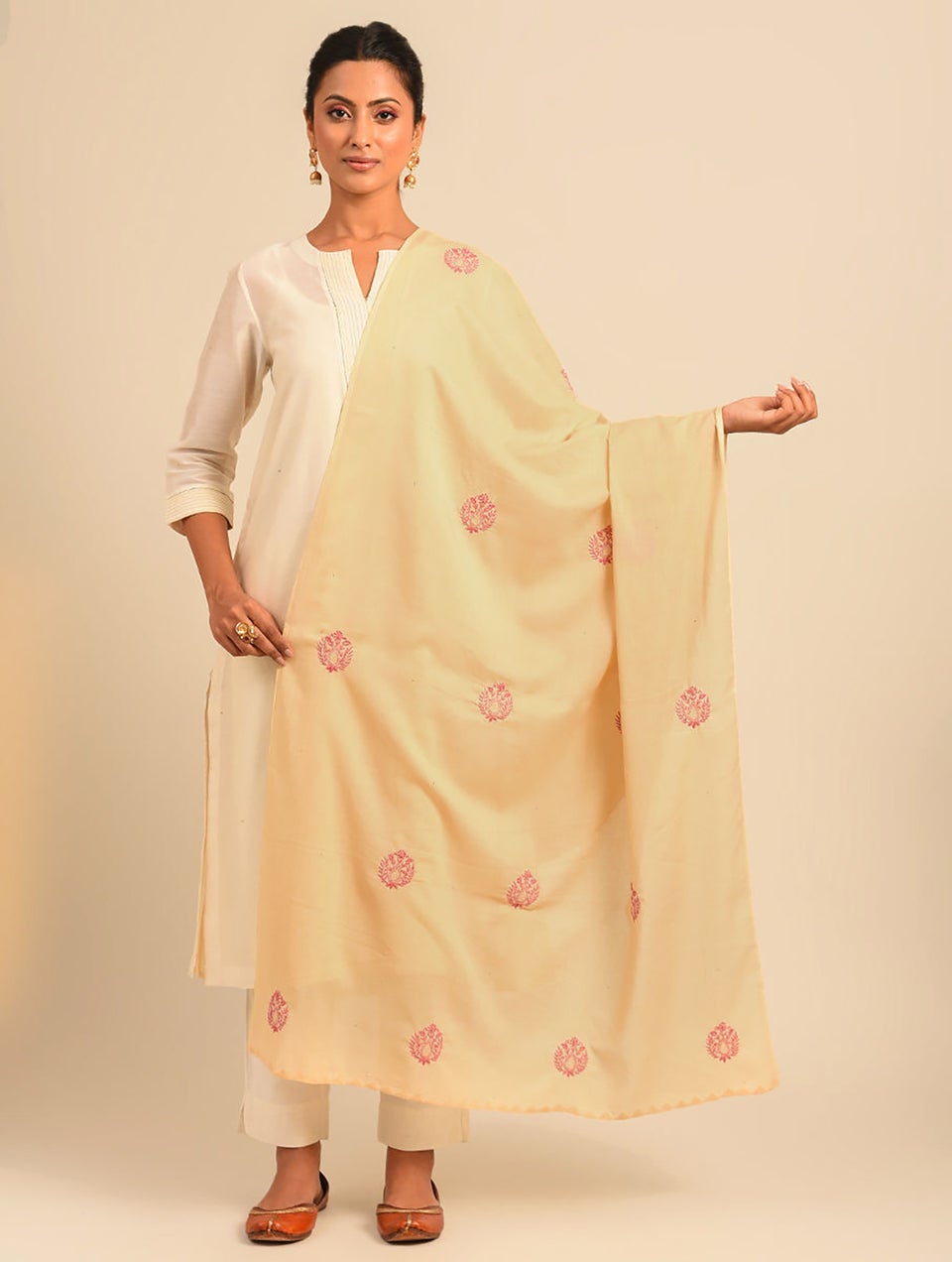 Women Beige Brown Cotton Chikankari Dupatta