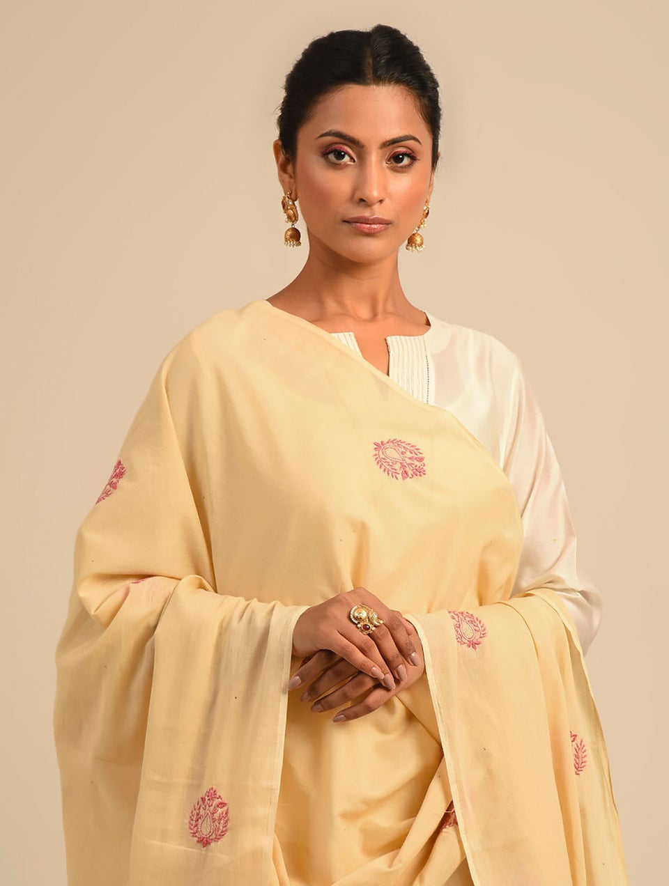 Women Beige Brown Cotton Chikankari Dupatta