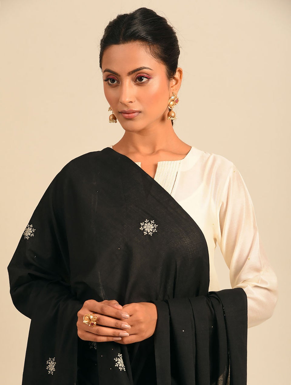Women Black Chikankari Cotton Mul Dupatta