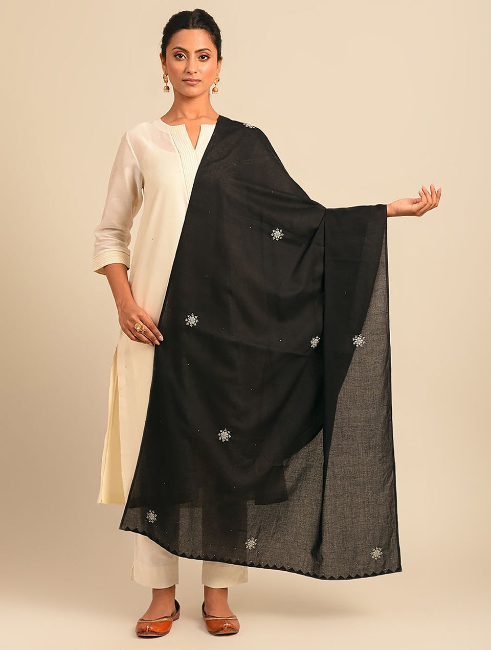 Women Black Chikankari Cotton Mul Dupatta