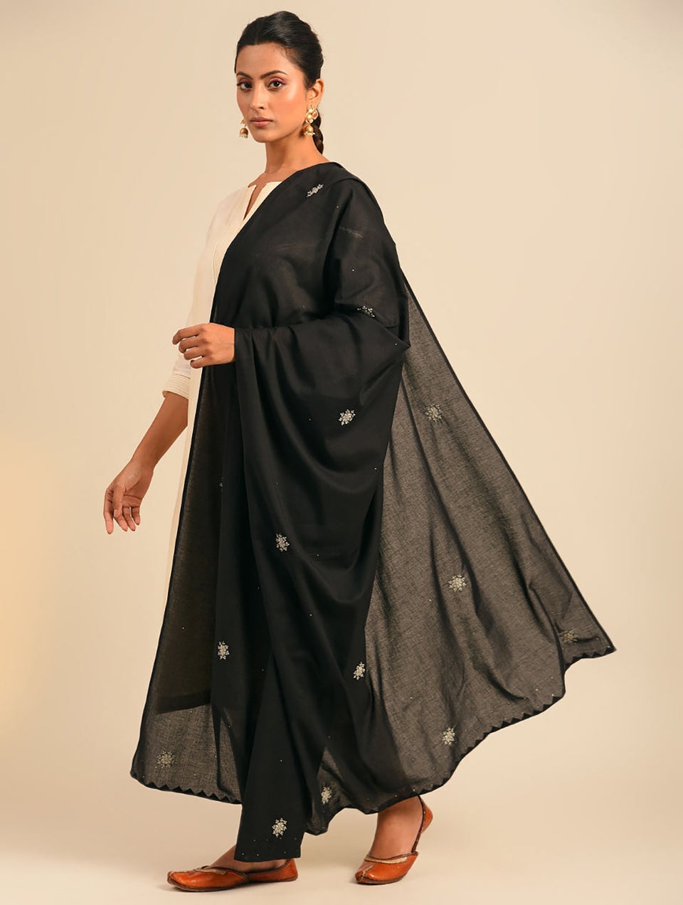 Women Black Chikankari Cotton Mul Dupatta