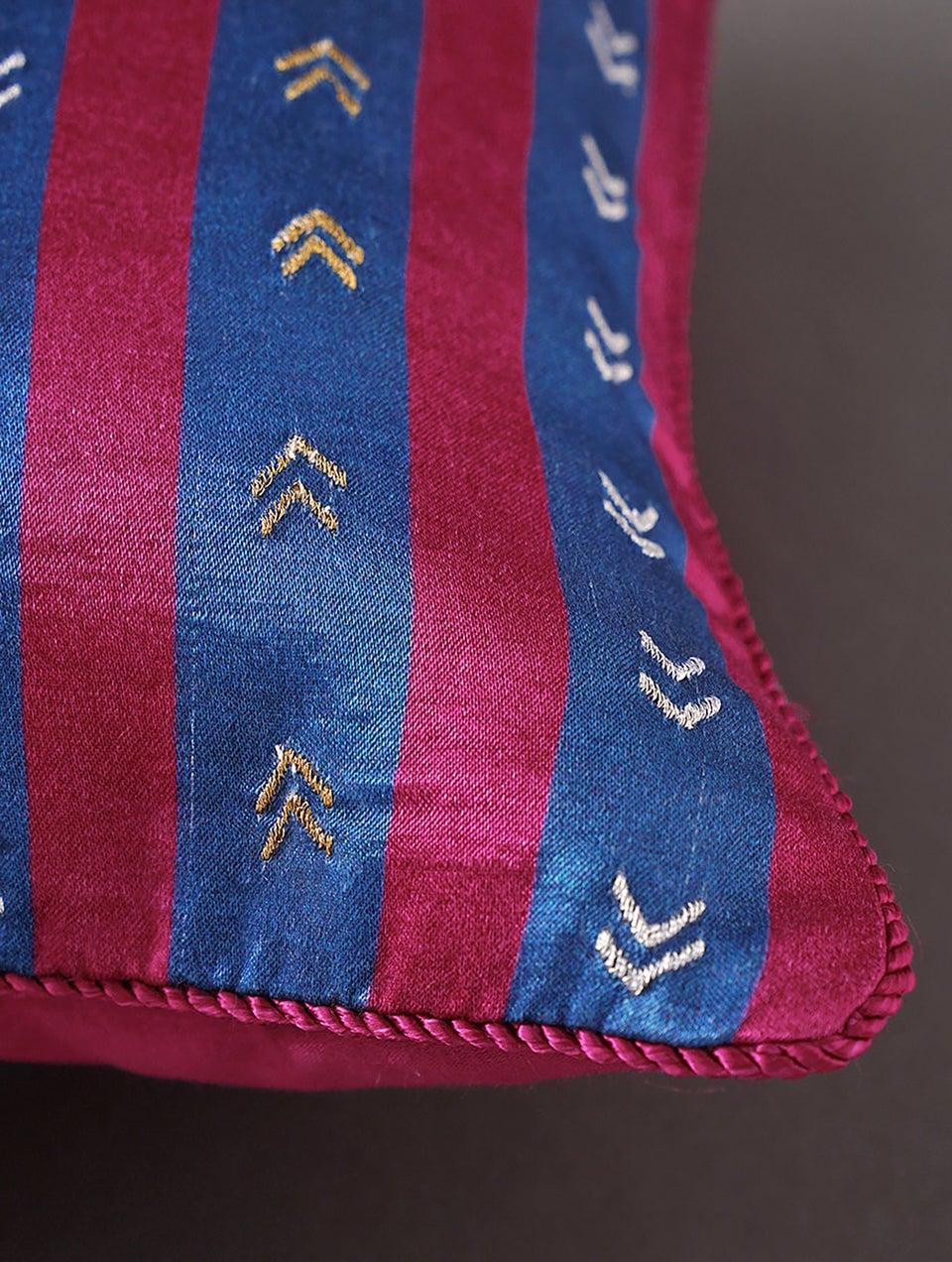 Indigo Blue Mushru Embroidered Cushion Cover
