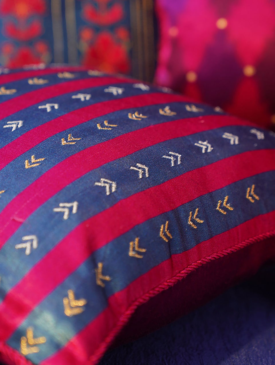Indigo Blue Mushru Embroidered Cushion Cover