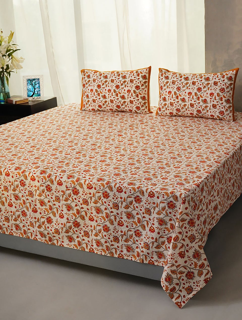 Handblock Printed Cotton Double Bedsheet With Pillow Covers