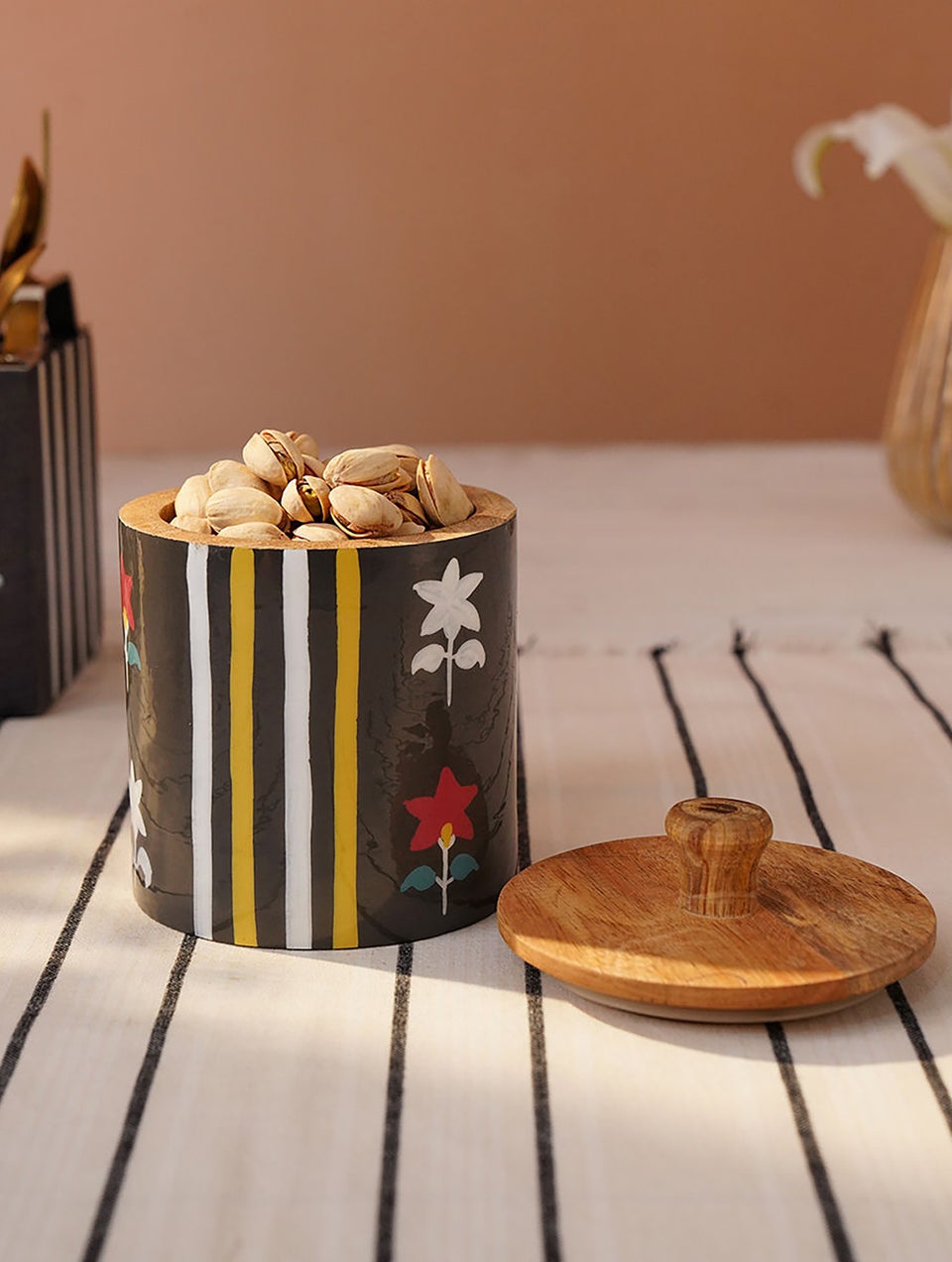 Handpainted Wooden Storage Jar With Lid