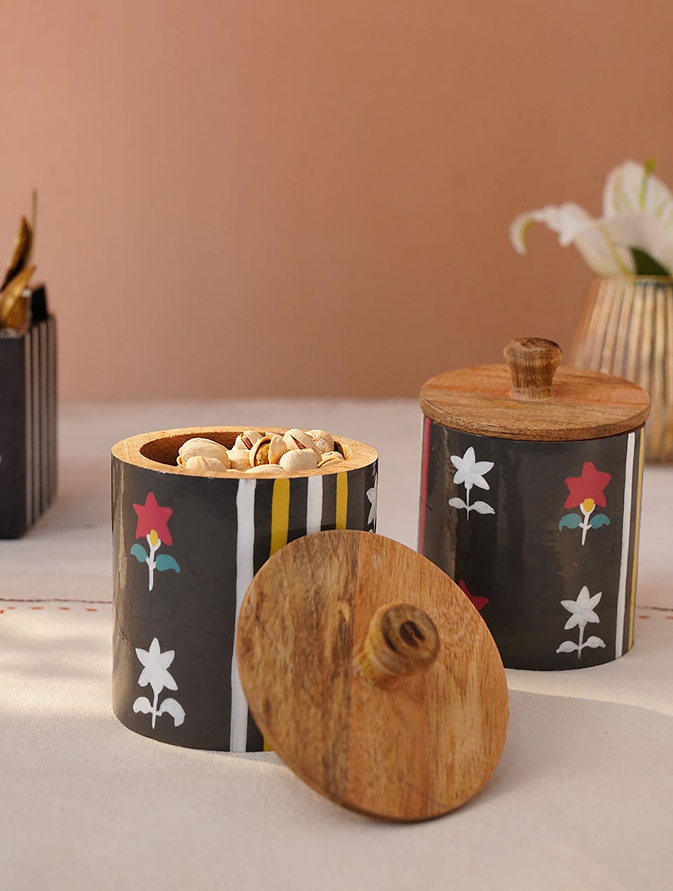 Handpainted Wooden Storage Jar With Lid