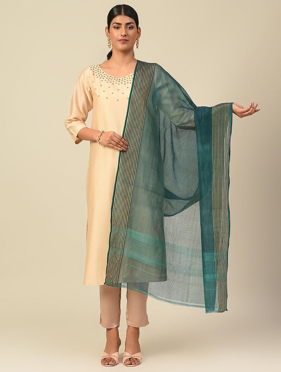 Women Green Cotton Silk Maheshwari Dupatta