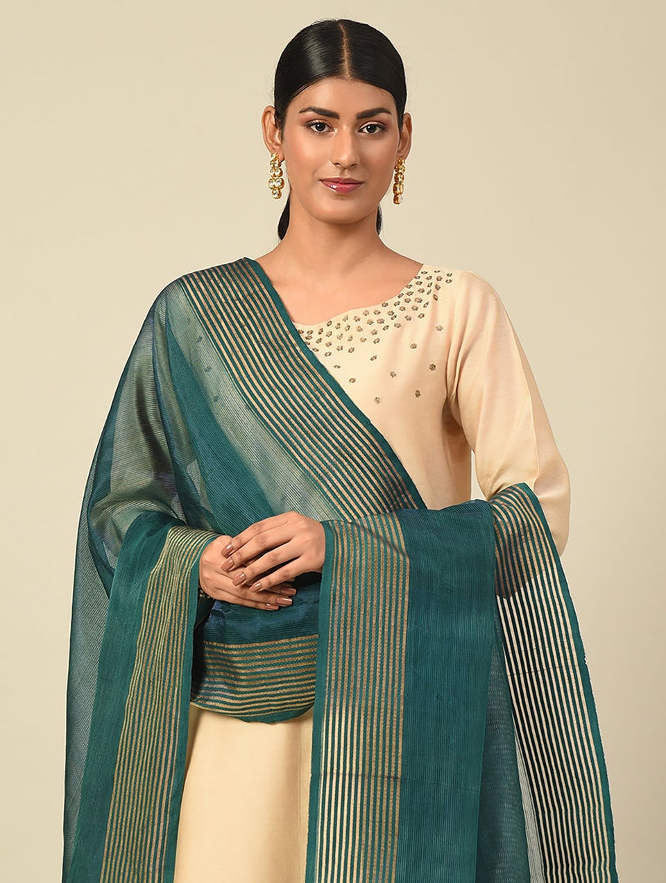 Women Green Cotton Silk Maheshwari Dupatta