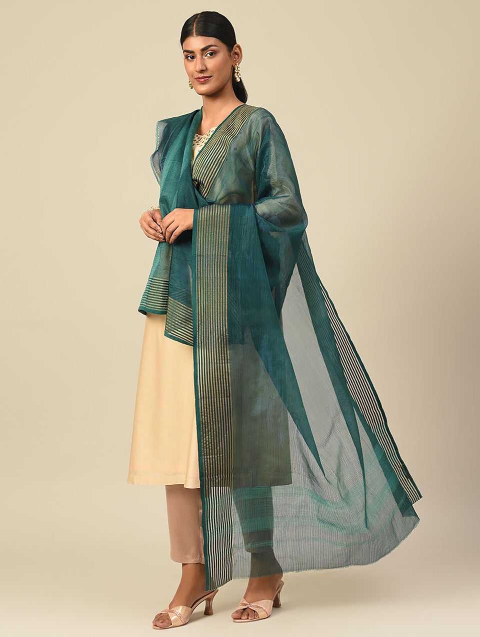 Women Green Cotton Silk Maheshwari Dupatta