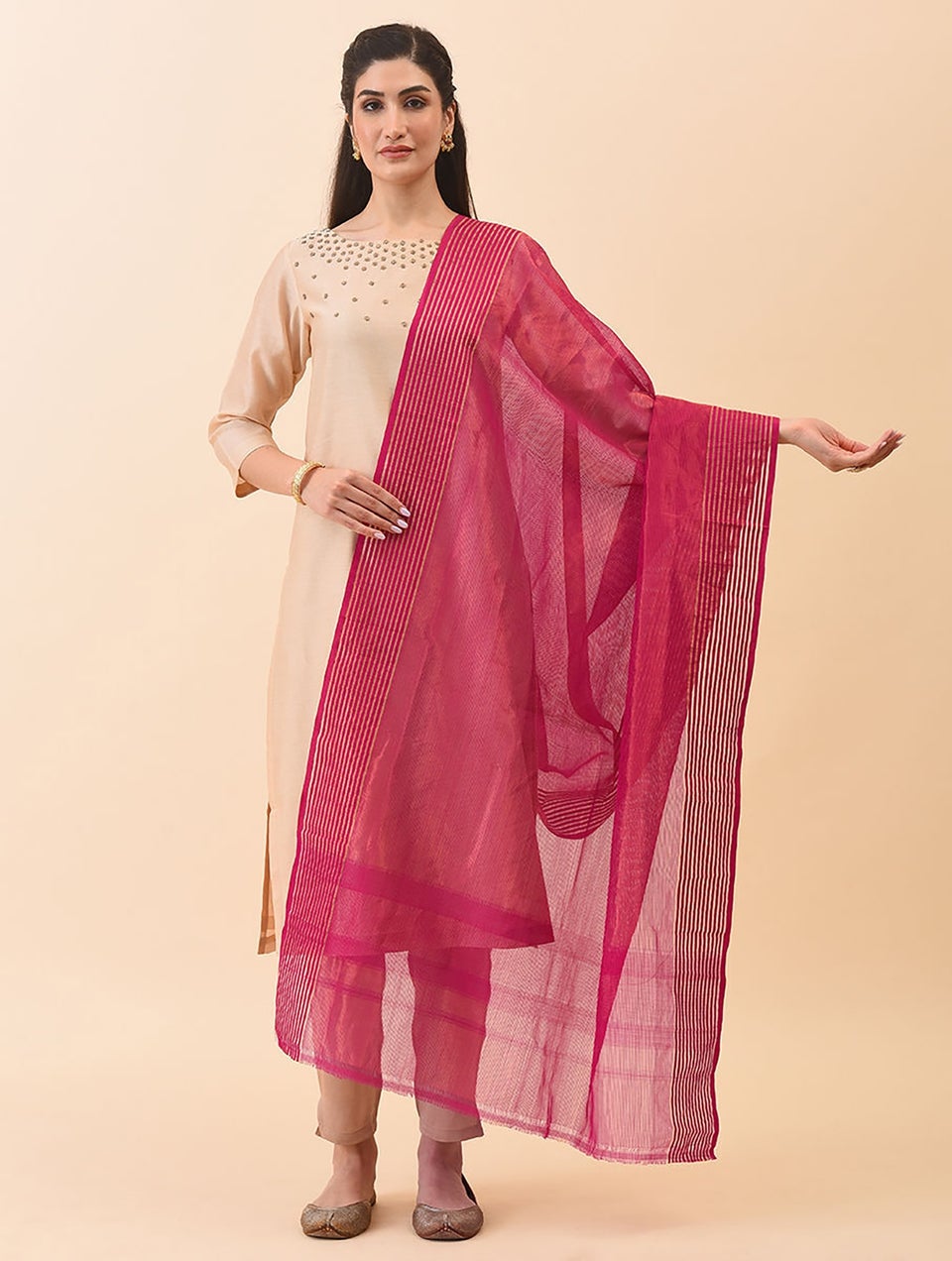 Women Pink Cotton Silk Maheshwari Dupatta