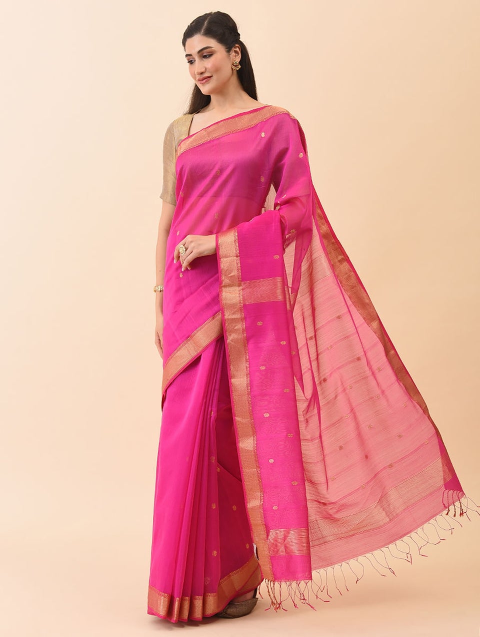 Women Pink Handwoven Maheshwari Silk Cotton Saree