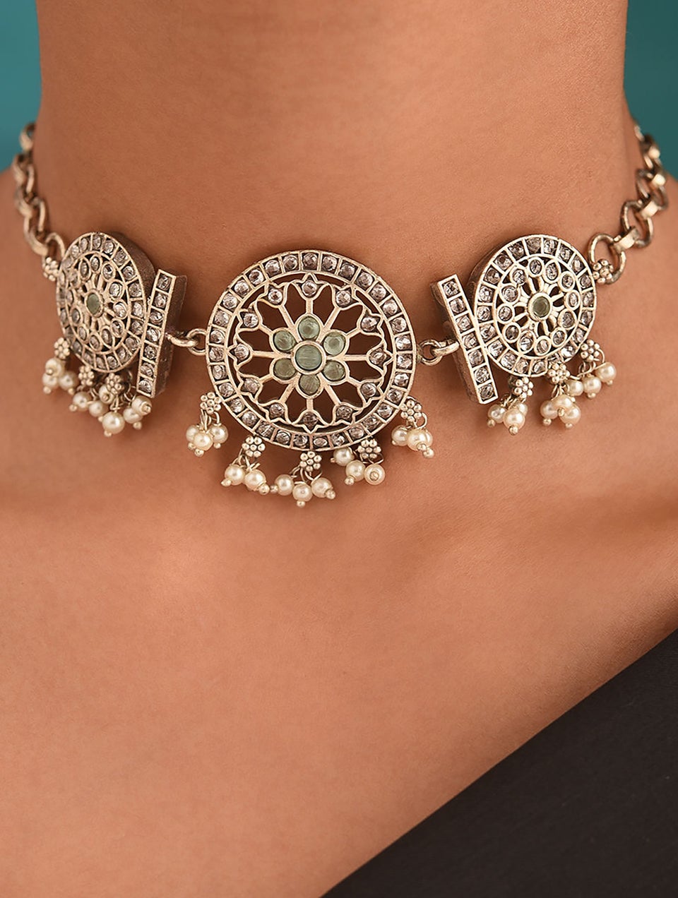 Women Green Dual Tone Tribal Necklace Set