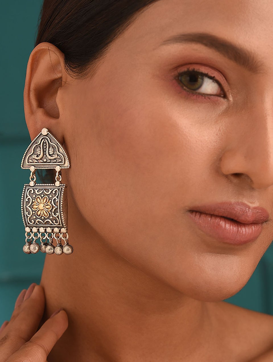 Women Silver Push Back Brass Danglers