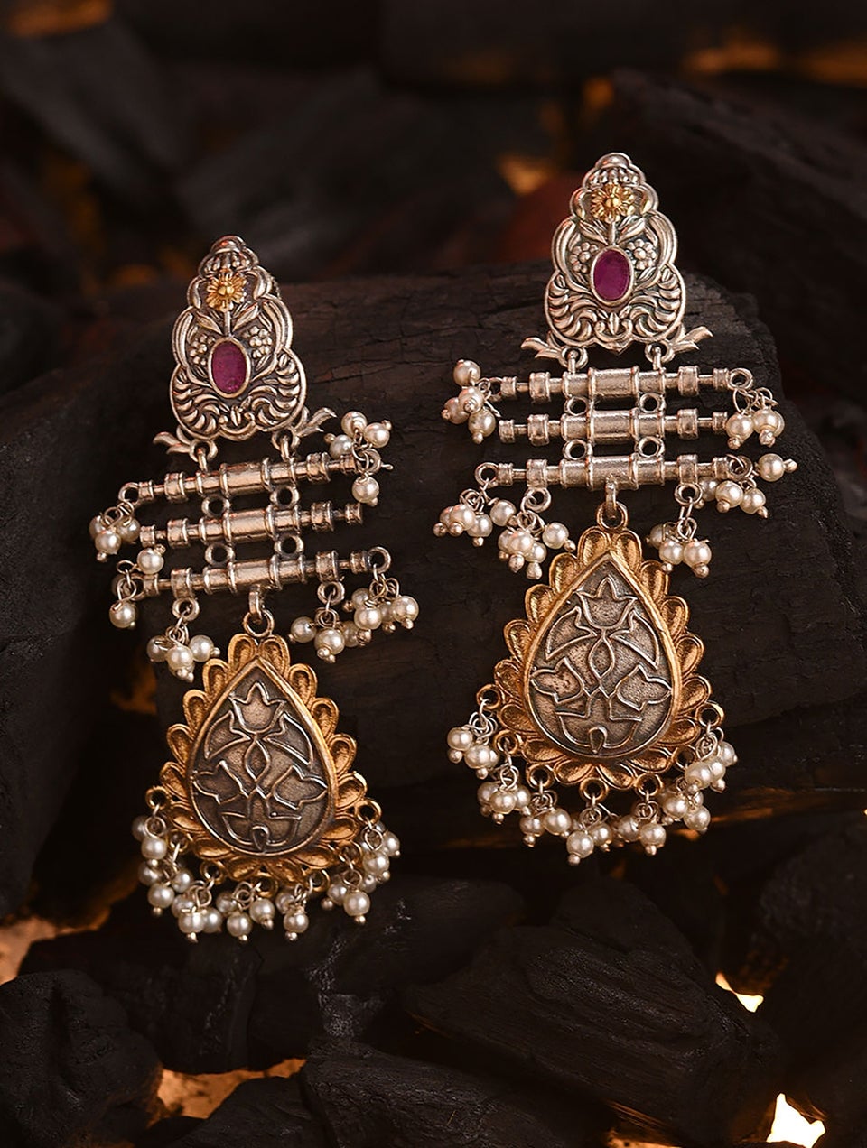 Women Silver Push Back Brass Danglers