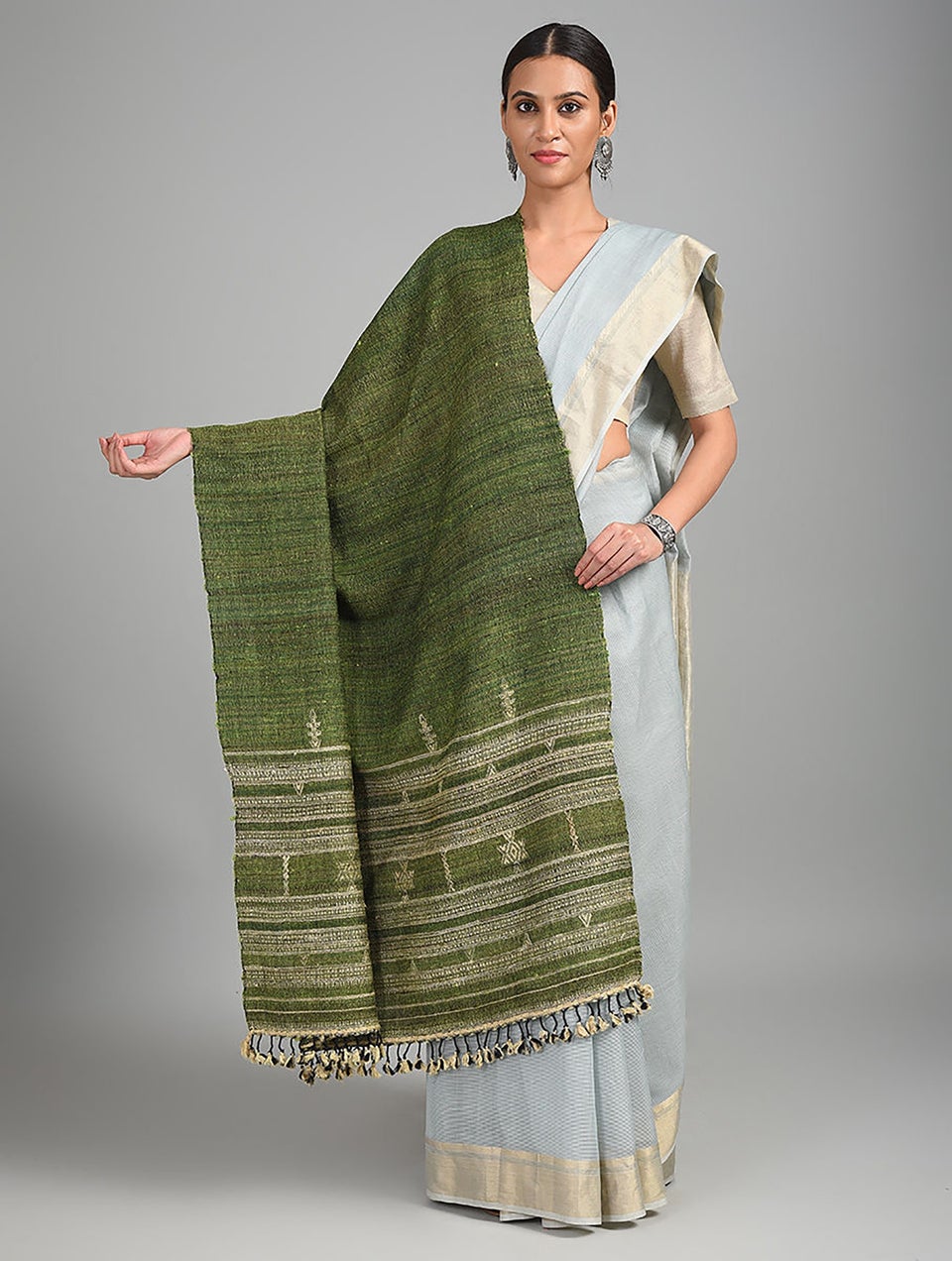 Women Green Handwoven Bhujodi Wool Shawl