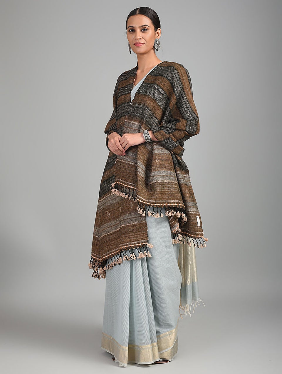 Women Brown-Black Handwoven Bhujodi Wool Shawl