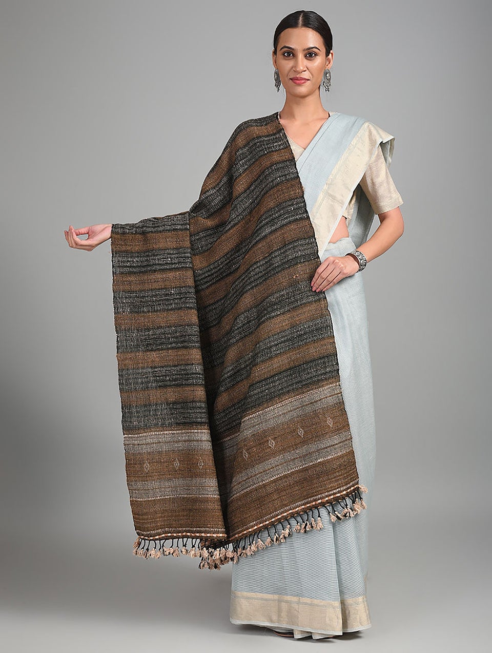 Women Brown-Black Handwoven Bhujodi Wool Shawl