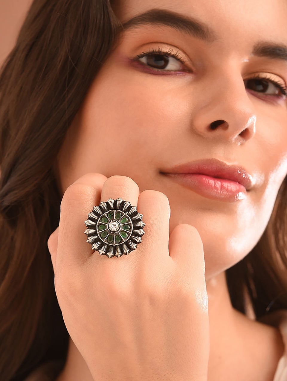 Women Green Tribal Silver Ring With Onyx