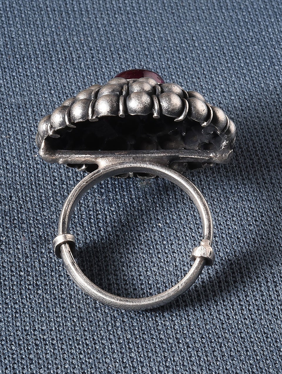 Women Pink Kempstone Encrusted Tribal Silver Ring