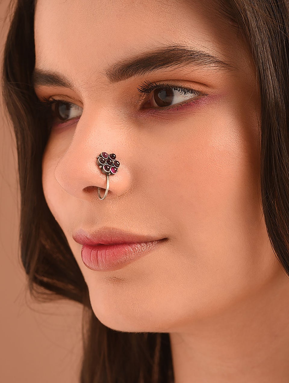 Women Pink Kempstone Encrusted Tribal Silver Nose Pin