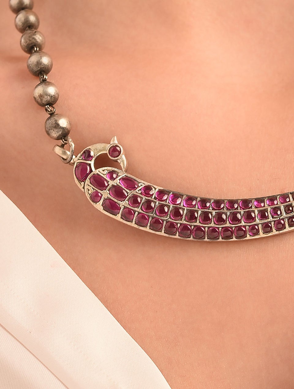 Women Pink Kempstone Encrusted Tribal Silver Necklace