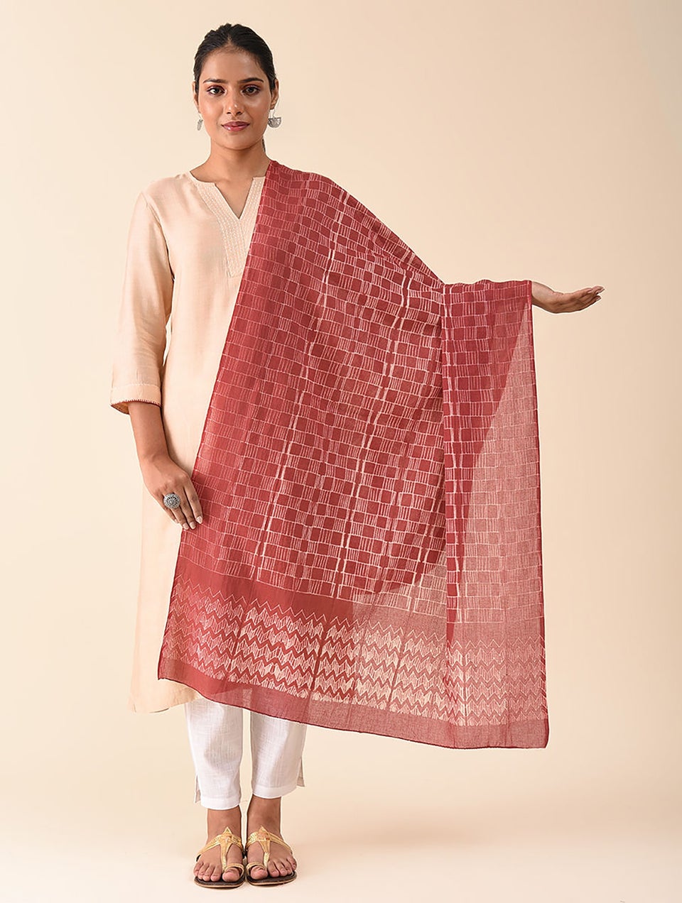 Women Maroon Red Cotton Shibori Dupatta